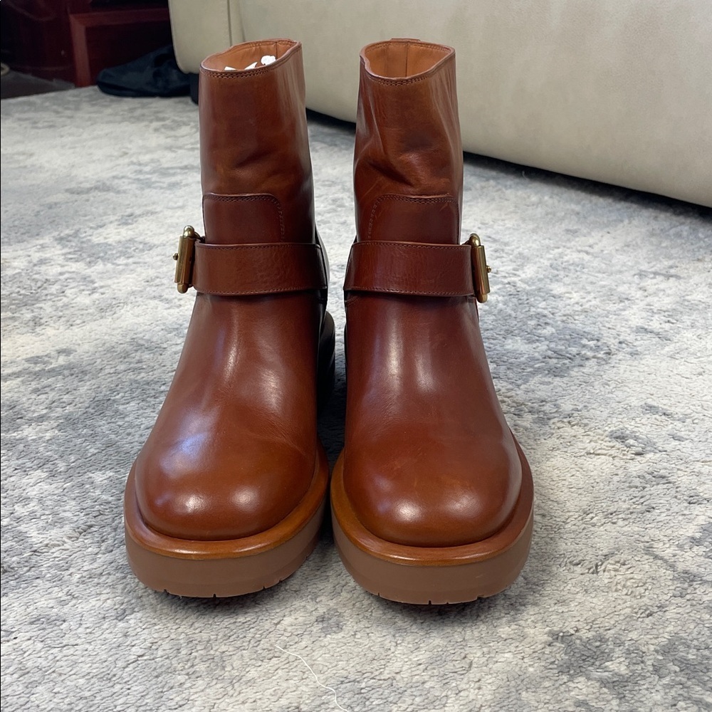 NIB Chloe Coddington Biker Ankle Boots C Buckle Ginger Brown Designer Sz 39.5 - Picture 8 of 15